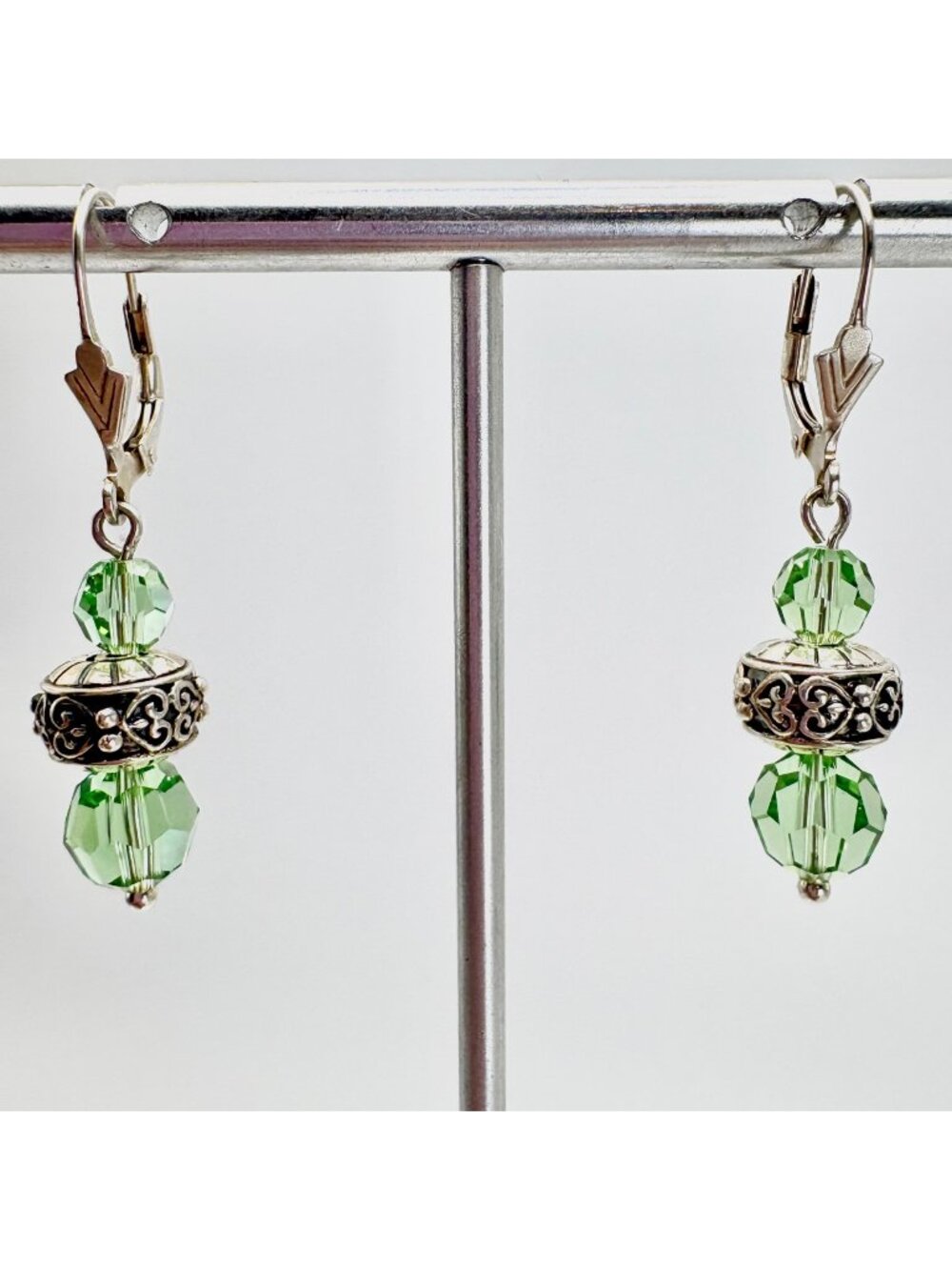 Green Crystal & Sterling Silver 925 Dangle Earrings Size 1.5" Length